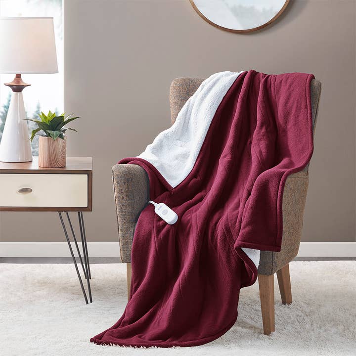 Heated 50x60" Fleece Sherpa Electric Throw Blanket, Burgundy for wholesale by Olliix