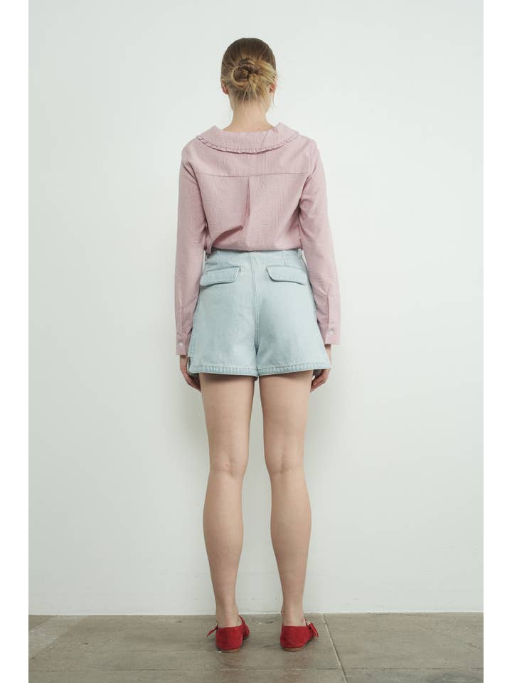 Aaron & Amber - Wholesale Blouse - Women's - MAT3099 CHECKED RUFFLE EDGE COLLAR BUTTONDOWN BLOUSE6