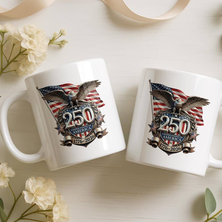 US 250 Flag Ceramic Mug, Freedom 1776–2026 Coffee Cup for wholesale by Tevatino