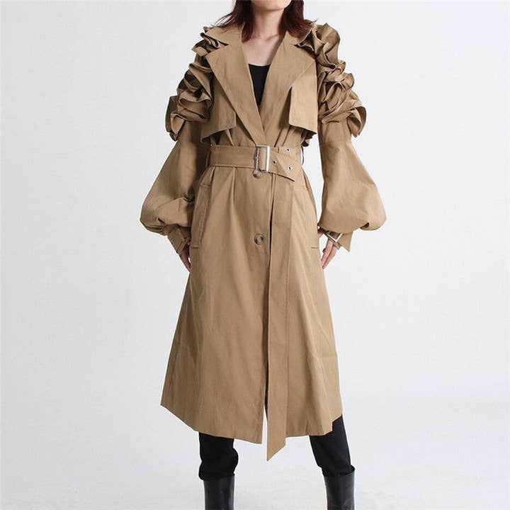 Trench-coat ceinturé à manches longues avec revers et patchwork pour la vente par UZ Wholesale Store