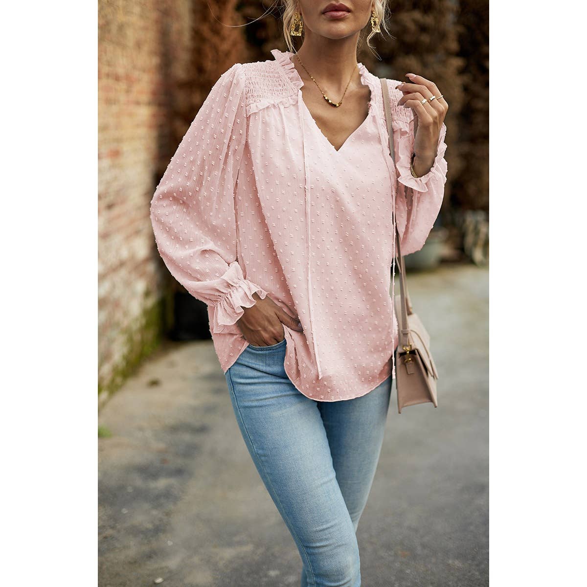 Elings - Wholesale Blouse - Women's - Swiss Dot Ruched Shoulder Hem Ruffle Blouse7