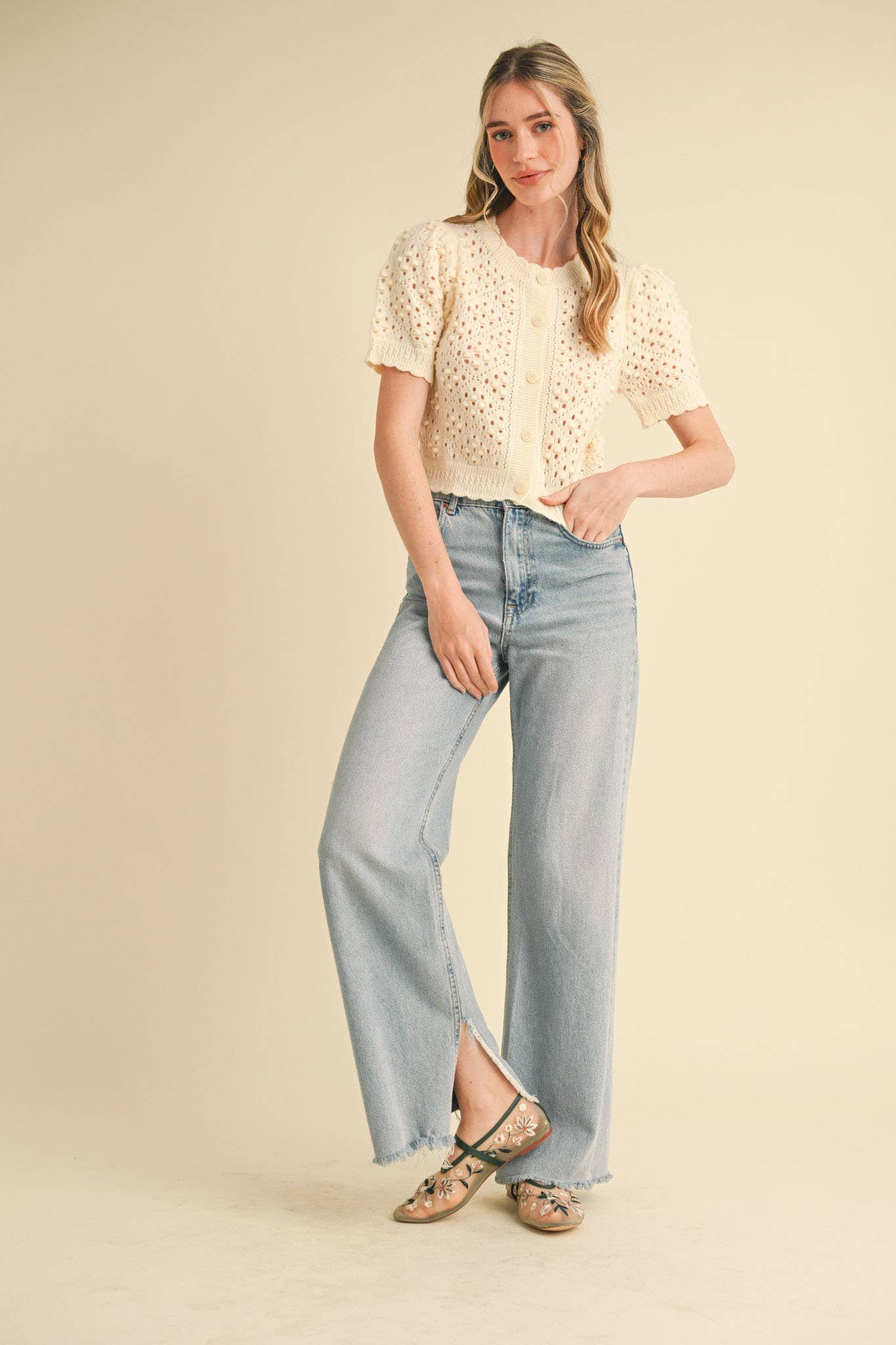 &MERCI - Wholesale Cardigan - Women's - CROPPED POINTELLE BUTTON DOWN SWEATER CARDIGAN MSW108571