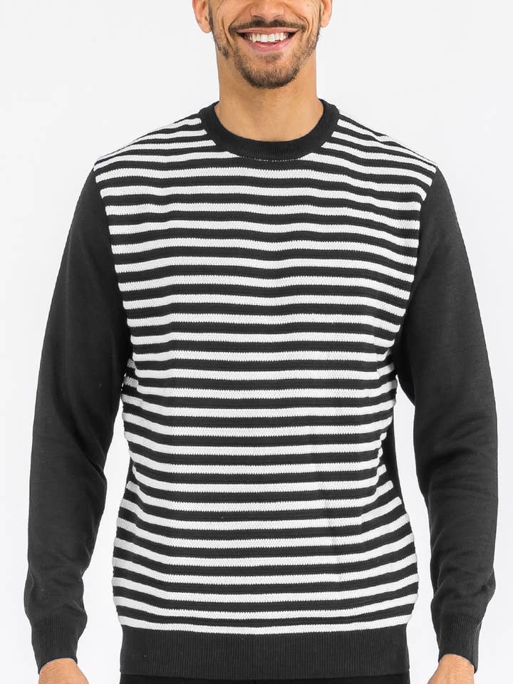 Mens Striped Knit Pullover Sweater - Black White for wholesale by WEIV