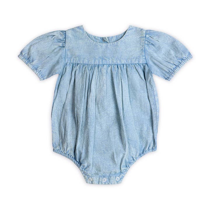 Aspen Soft Denim Washed Baby Romper (Organic) for wholesale by Viverano Organics