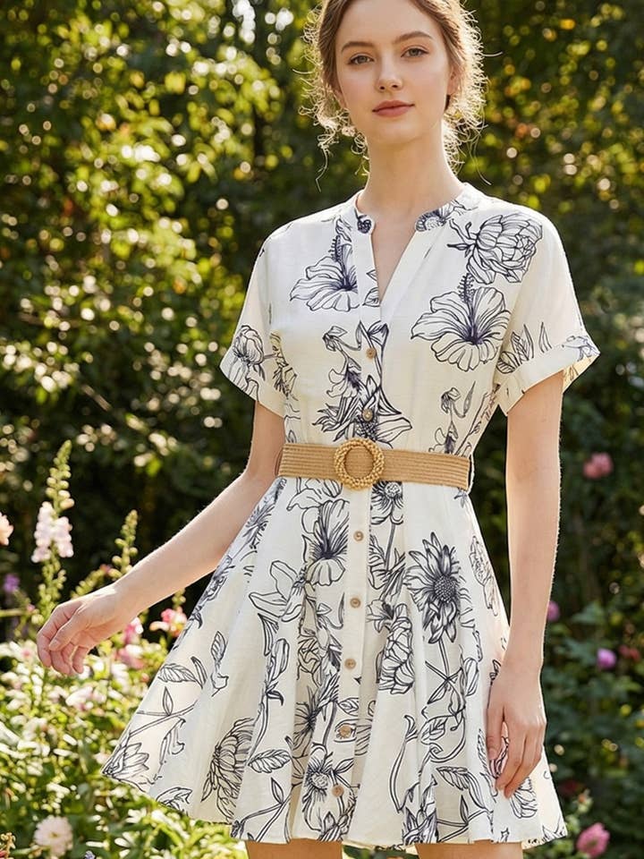 ZD49067T-SHORT SLEEVE MINI DRESS WOODEN BUCKLE for wholesale by Taelynn