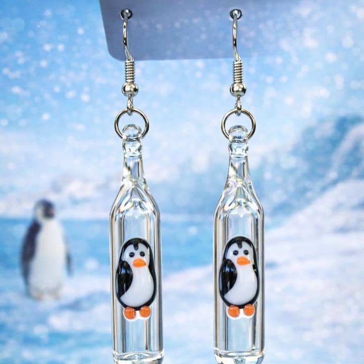 Pendientes de Botella de Vidrio con Pingüino para venta al por mayor de DrinkingStraws.Glass LLC