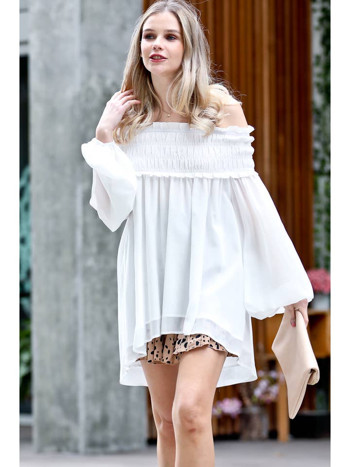 Mazik - Wholesale Tunic - Women's - Off-shoulder smocking detail chiffon tunic top MK7106