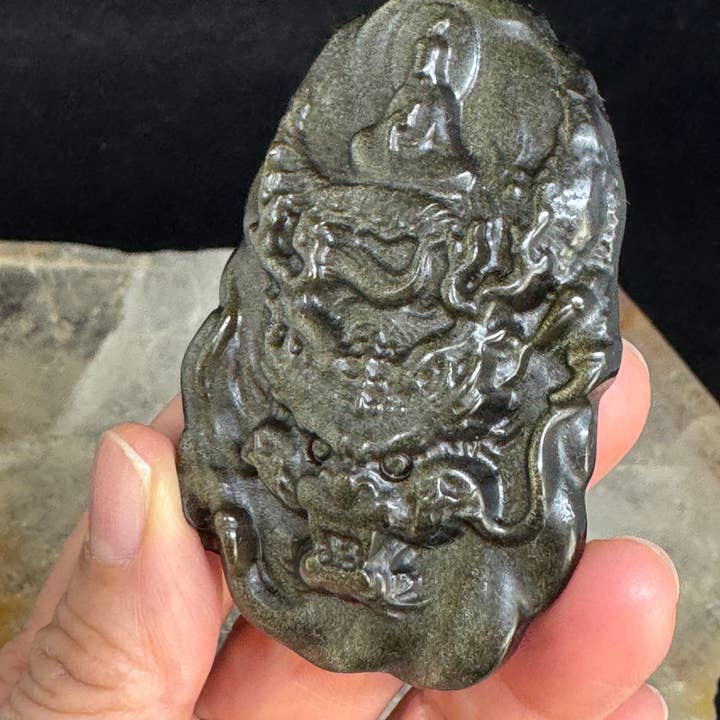 2.7" Golden obsidian dragon Buddha carving talisman F20C for wholesale by The 7 Directions