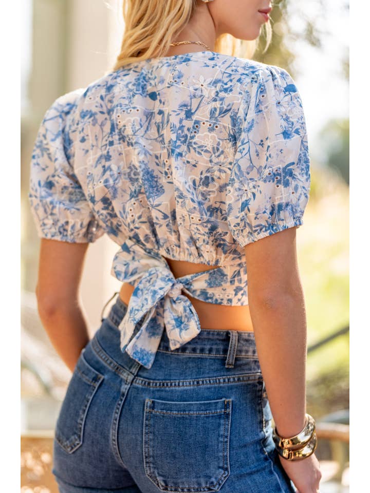 Blue flowers Embroidered blouse with short sleeves and back tie - CK08361 for wholesale on Faire