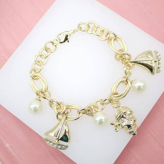 Pirate Skull, Sea Boat, Pearl Charms Bracelet (I177) for wholesale by MIA Jewelry