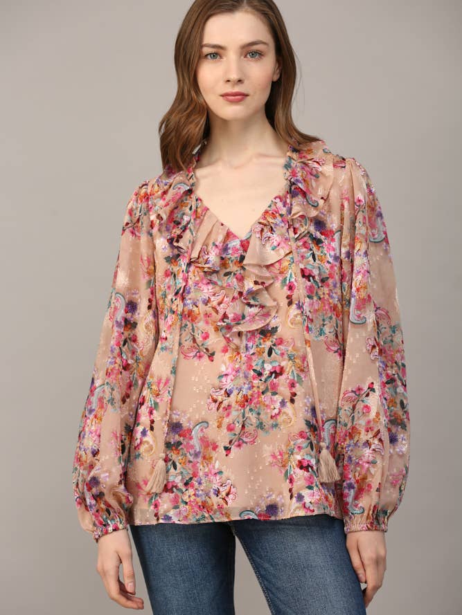 RUFFLE DETAIL FLORAL PRINT JACQUARD CHIFFON BLOUSE FT80091 for wholesale by FATE