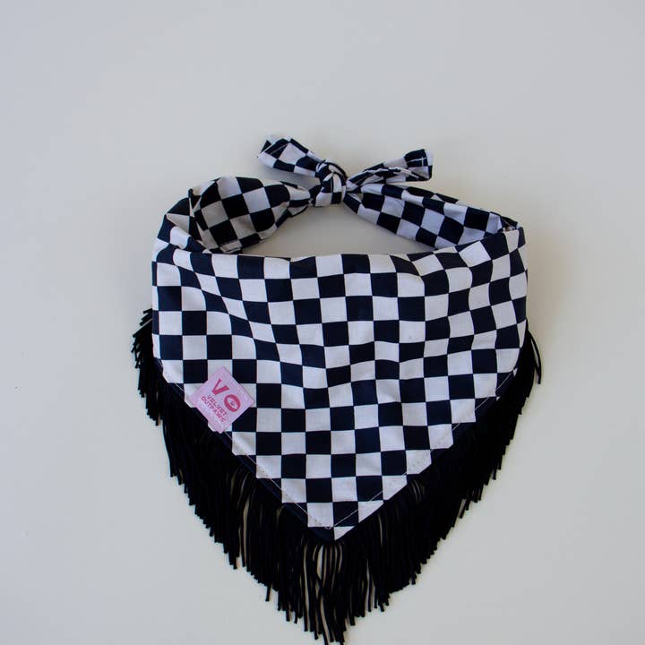 Velvet Outlaw - Wholesale Pet Bandana - Dog - Black & White Checker with Black Fringe Dog Bandana