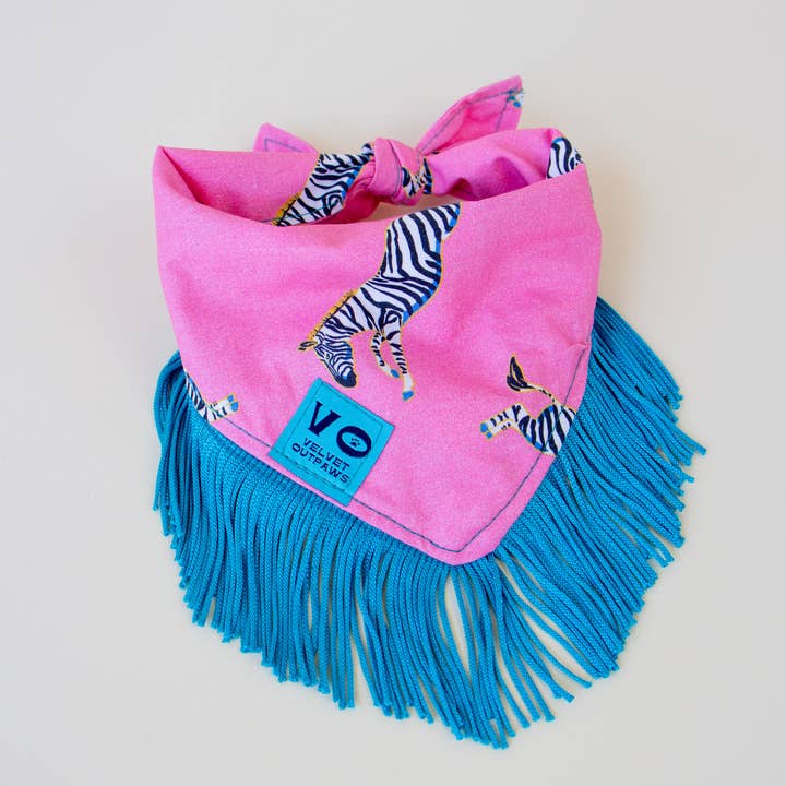 Velvet Outlaw - Wholesale Pet Bandana - Dog - Zebras with Teal Fringe Dog Bandana