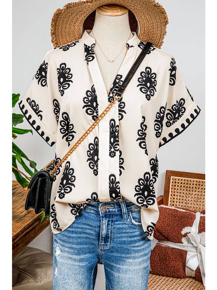 As shown Fashion-W Boho Geometric Print Short Sleeve V Neck Blouse for wholesale on Faire
