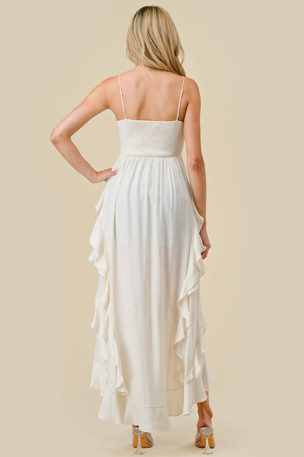 IVORY BT2850E / POLY CREPON HIGH LOW RUFFLED FULL LENGHT TUNIC TOP for wholesale on Faire3