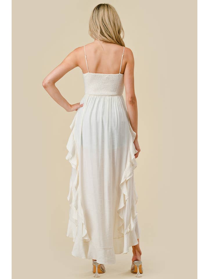 IVORY BT2850E / POLY CREPON HIGH LOW RUFFLED FULL LENGHT TUNIC TOP for wholesale on Faire3