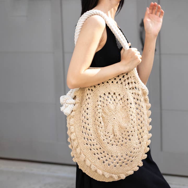 Nina Bag - Knitted Cotton Bag with Rope Handles - Sand for wholesale by Anju Jewelry