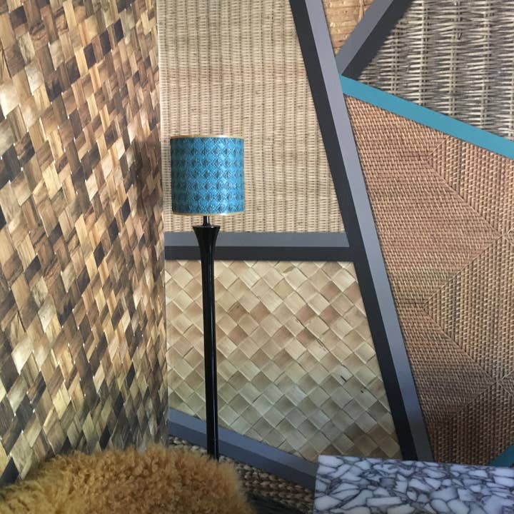 Wicker Geometric Turquoise + Mustard Wallpaper for wholesale by Sharon Jane Studio