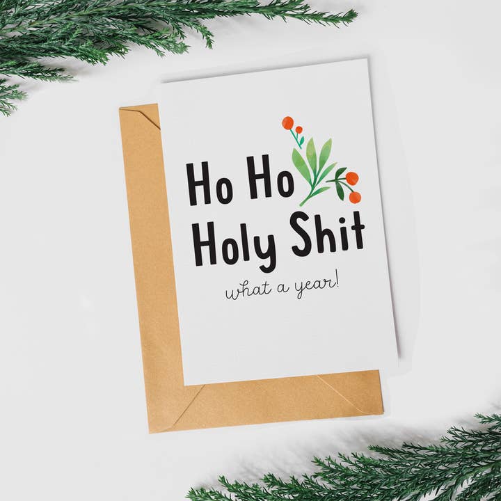 Ho Ho Holy Shit - What a Year! Holiday Funny Christmas Card for wholesale by Wee Birdy