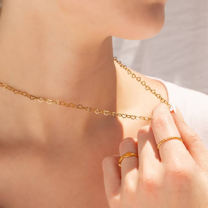 WJW - Wholesale Link & Chain Necklace - 18K Gold PVD Stainless Steel Linked Heart Chain Necklace3