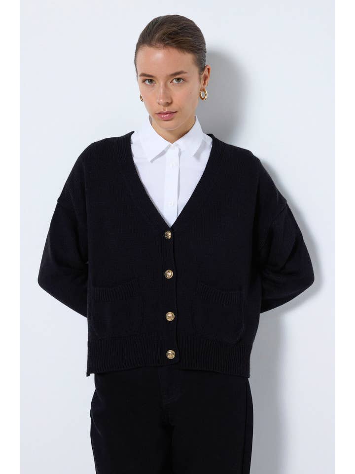 Black A KNIT CARDIGAN WITH BUTTON POCKET DETAILS for wholesale on Faire