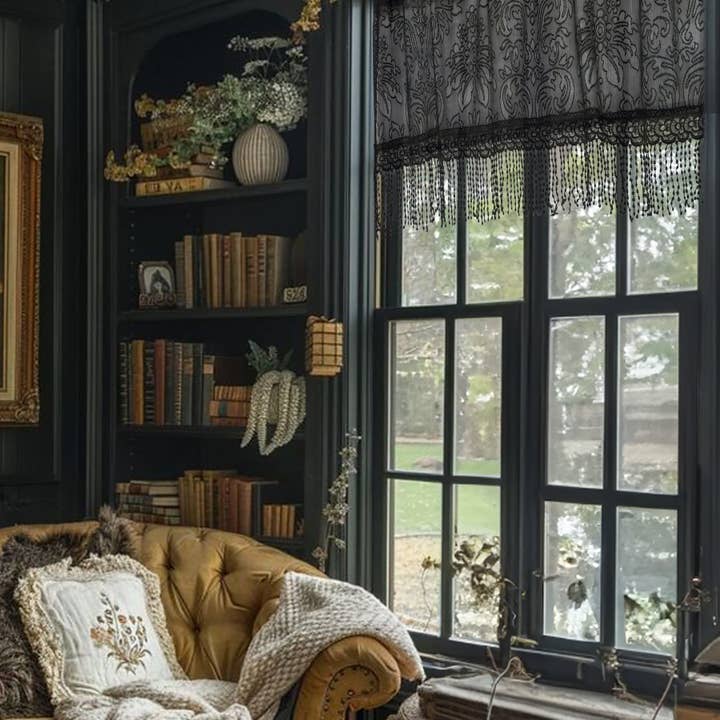 Noir 48x16 Black Lace Curtain Valance With Trim for wholesale by Heritage Lace