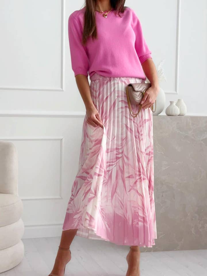 Tara Pleated Tropical Floral Midaxi Skirt-Pink for wholesale by Catwalk Wholesale