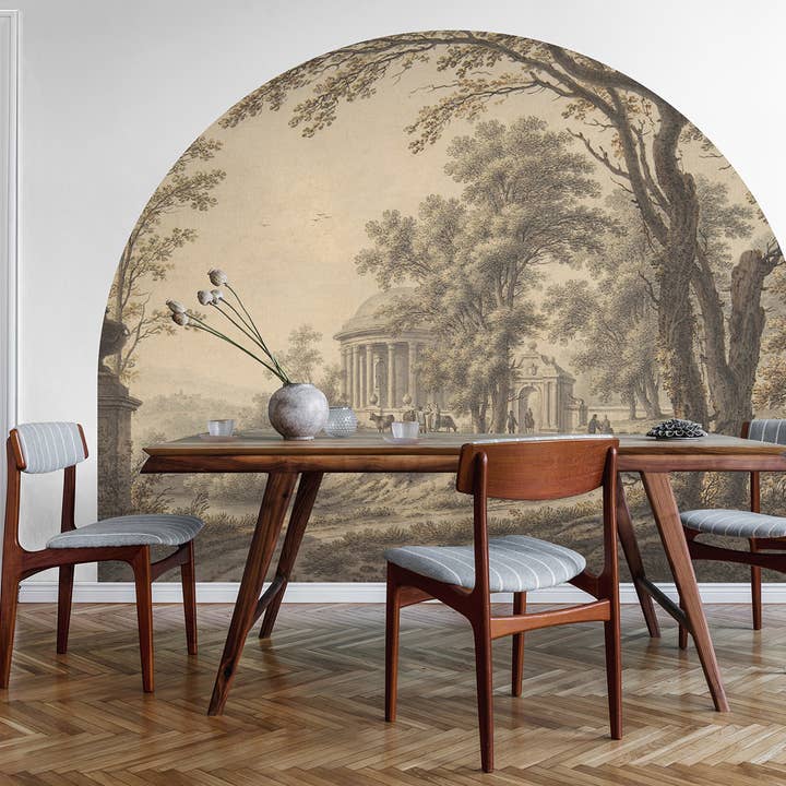 Papel pintado vintage de castillo en el bosque paisaje sepia adhesivo de pared para venta al por mayor de SimurgWallArts