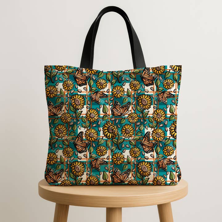 Sunflowers & Butterflies Nature Picnic Zipper Tote Bag for wholesale by The Geek Boutique