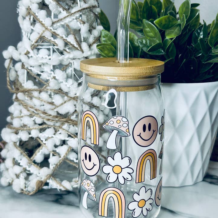 Smiley Mushroom Libbey Glass Can for wholesale by Grace and Glamour