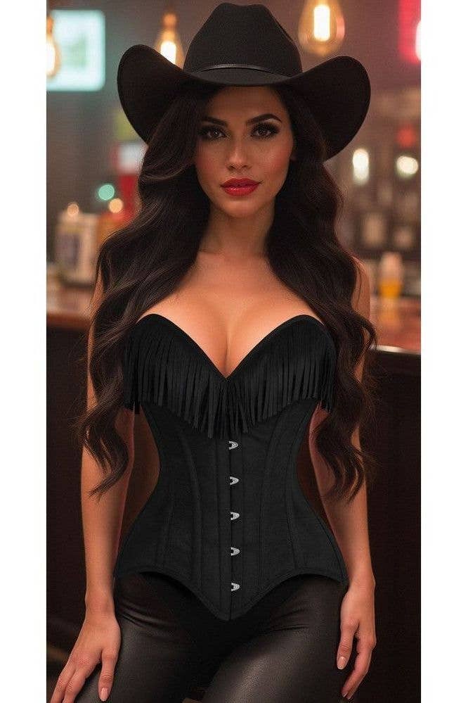 Daisy Corsets - Wholesale Corset - Women's - Top Drawer Black Suede Steel Boned Overbust Corset w/Fringe4