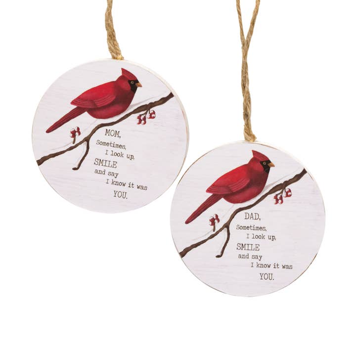 Mom/Dad Round Cardinal Ornament, 2 Assorted for wholesale by The Hearthside Collection