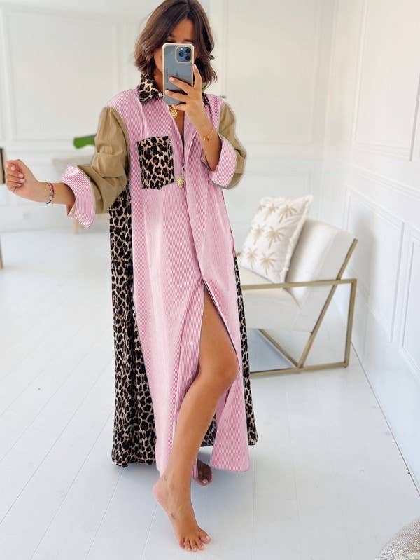 Rosa Clothing - Wholesale Dress - Women's - Casual leopard striped patchwork maxi shirt dress2