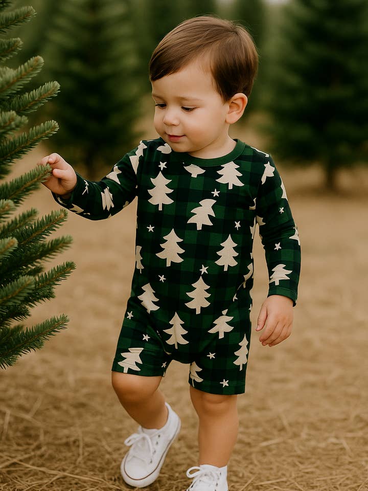 Korte Lange Mouwen Vakantie Ruitjes Bomen Romper voor wholesale door House of Henry