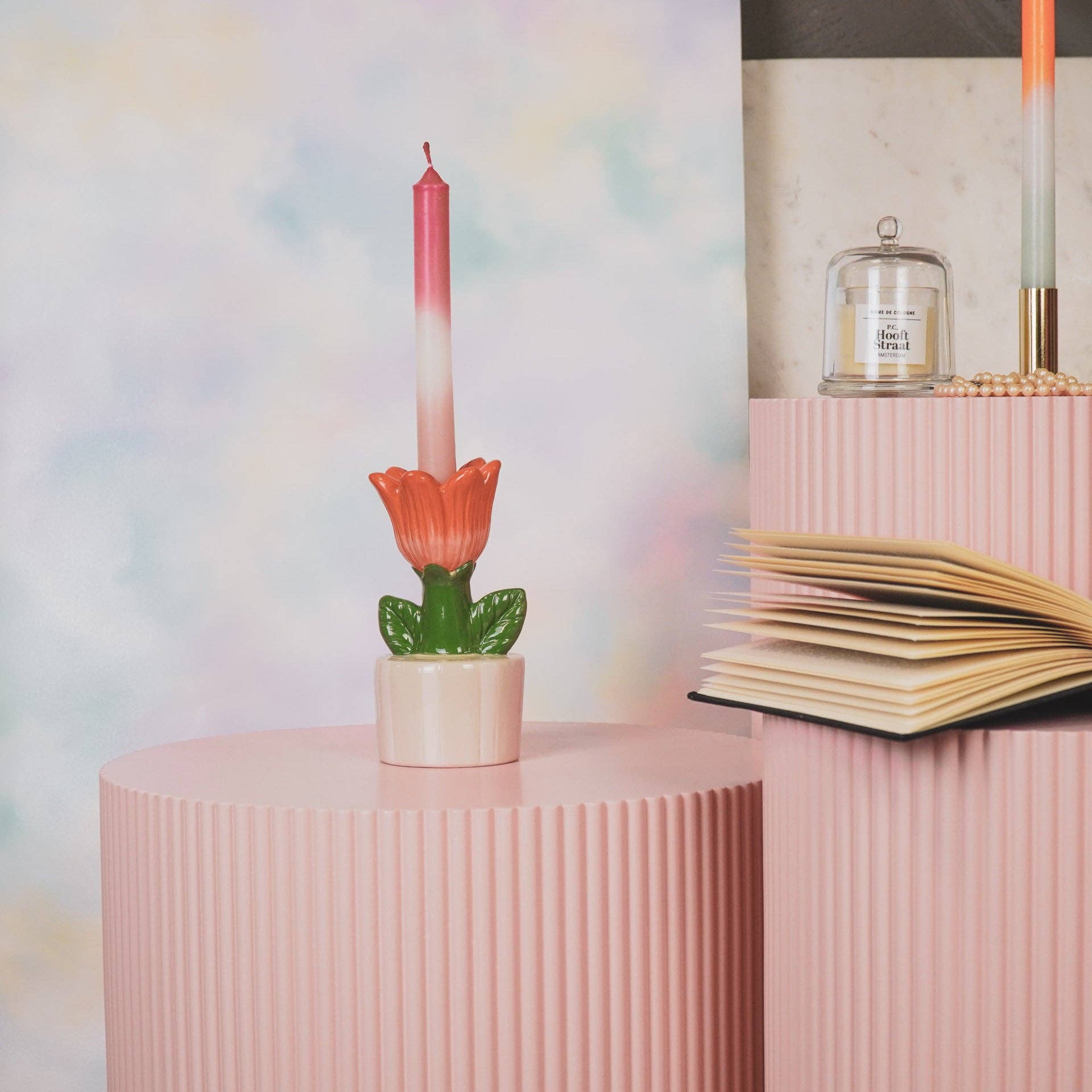 Housevitamin bv - Wholesale Candle Holder - Candle Holder - Tulip - Stoneware- Sand/Orange- 9x8,5x17,5cm1