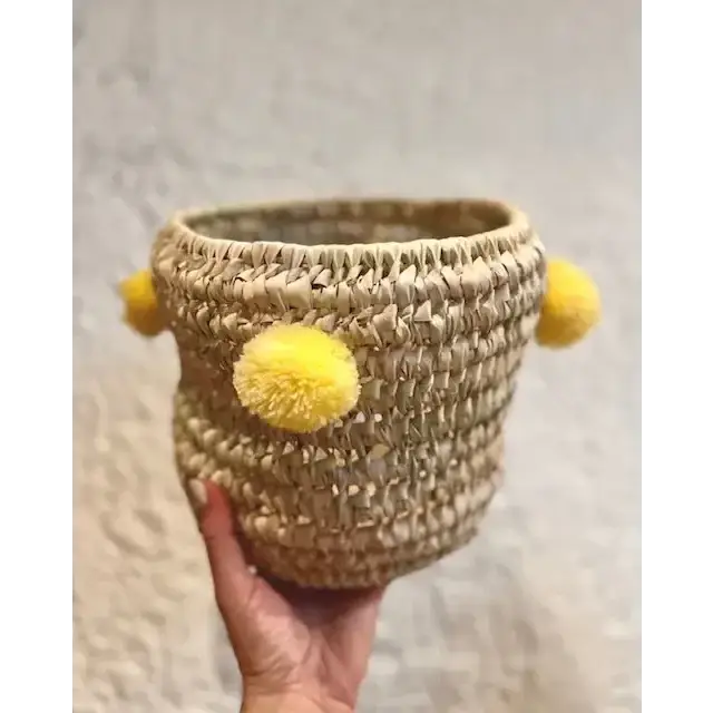 High crafty – wholesale Basket – 🧺 Handwoven Palm Leaf Basket with Colorful Wool Pom Poms8