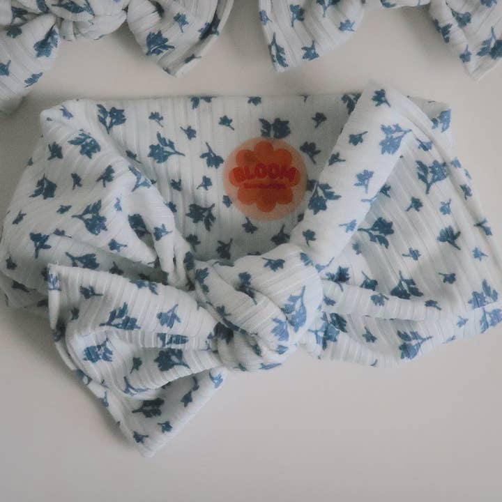 Denim Vintage Floral Ribbed Tie On Headwrap for wholesale by Bloom Headwraps