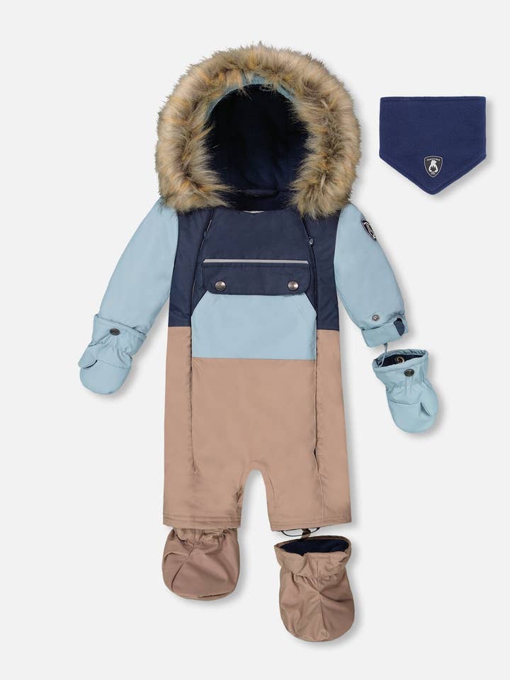 One-Piece Baby Play Snowsuit Designed For Car Seat Taupe for wholesale by Deux par Deux