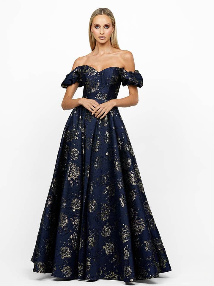 NAVY GOLD SANDY SWEETHEART OFF SHOULDER GOWN B56D07L for wholesale on Faire
