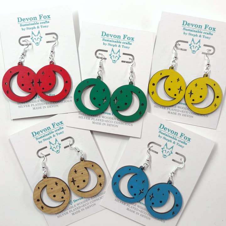 Wooden Moon and Star Earrings - Handmade in Devon for wholesale by Devon Fox
