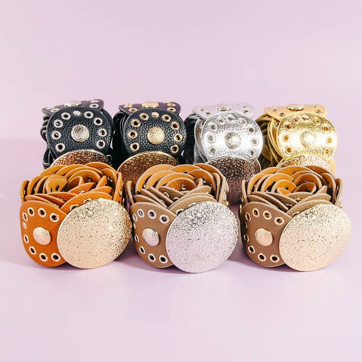 Hammered Disc Accent Panel Link Vegan Leather Belt for wholesale by Collections by Fame Accessories