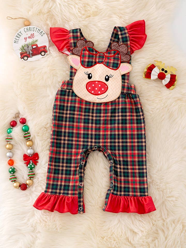 Kids Charm Online - Wholesale Jumpsuit - Baby - Coquette reindeer applique plaid romper. RPG40804 JEAN