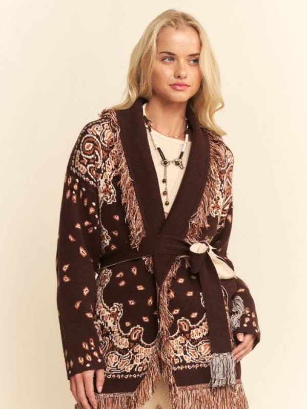 FRINGE TRIM JACQUARD KNIT BELTED CARDIGAN for wholesale by Davi & Dani