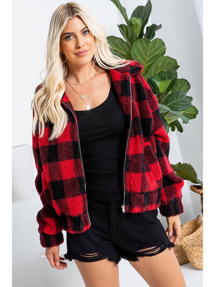 RED BLACK PLAID CHECKER ZIPPED JACKET for wholesale on Faire16