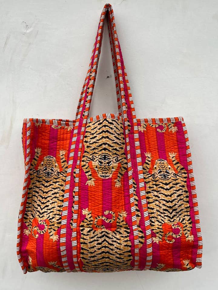 Market Bag Shoppingväska för kvinnor Tiger Print Bomull Quiltad Väska för wholesale av bhavnas boutique