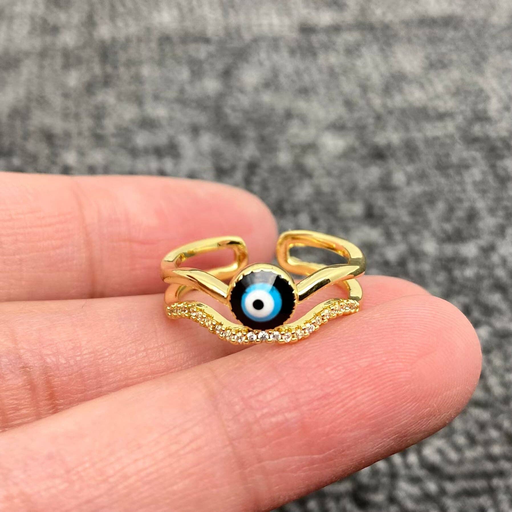 Mio Queena - Wholesale Cocktail/Statement Ring - Enamel Rhinestone Turkey Eye Evil Eye Golden Adjustable Rings18