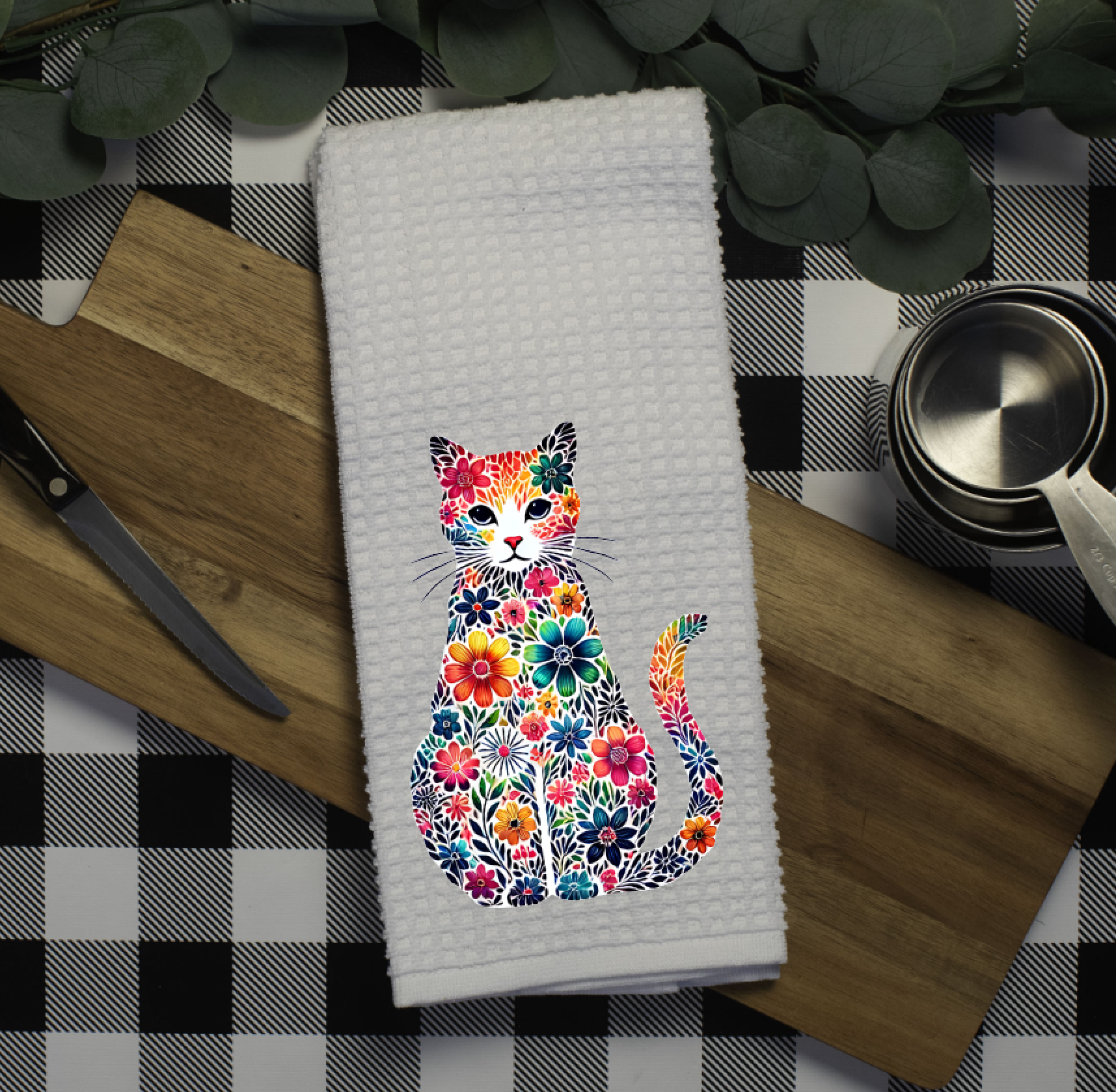 Prairie Chicken Sticker Shop & Gifts - Vente Torchons - Torchon en nid d'abeille Chat Fleurs de Printemps1