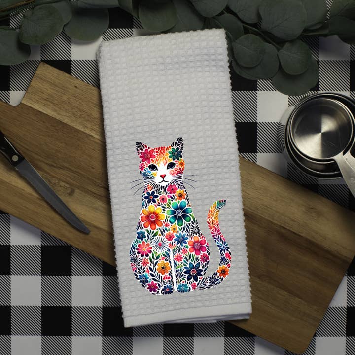 Prairie Chicken Sticker Shop & Gifts - Vente Torchons - Torchon en nid d'abeille Chat Fleurs de Printemps1