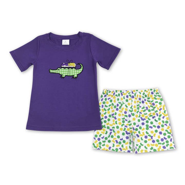 Yawoo Garments - Wholesale Top & Short Set - Kids - Crocodile embroidery top shorts boys mardi gras outfits