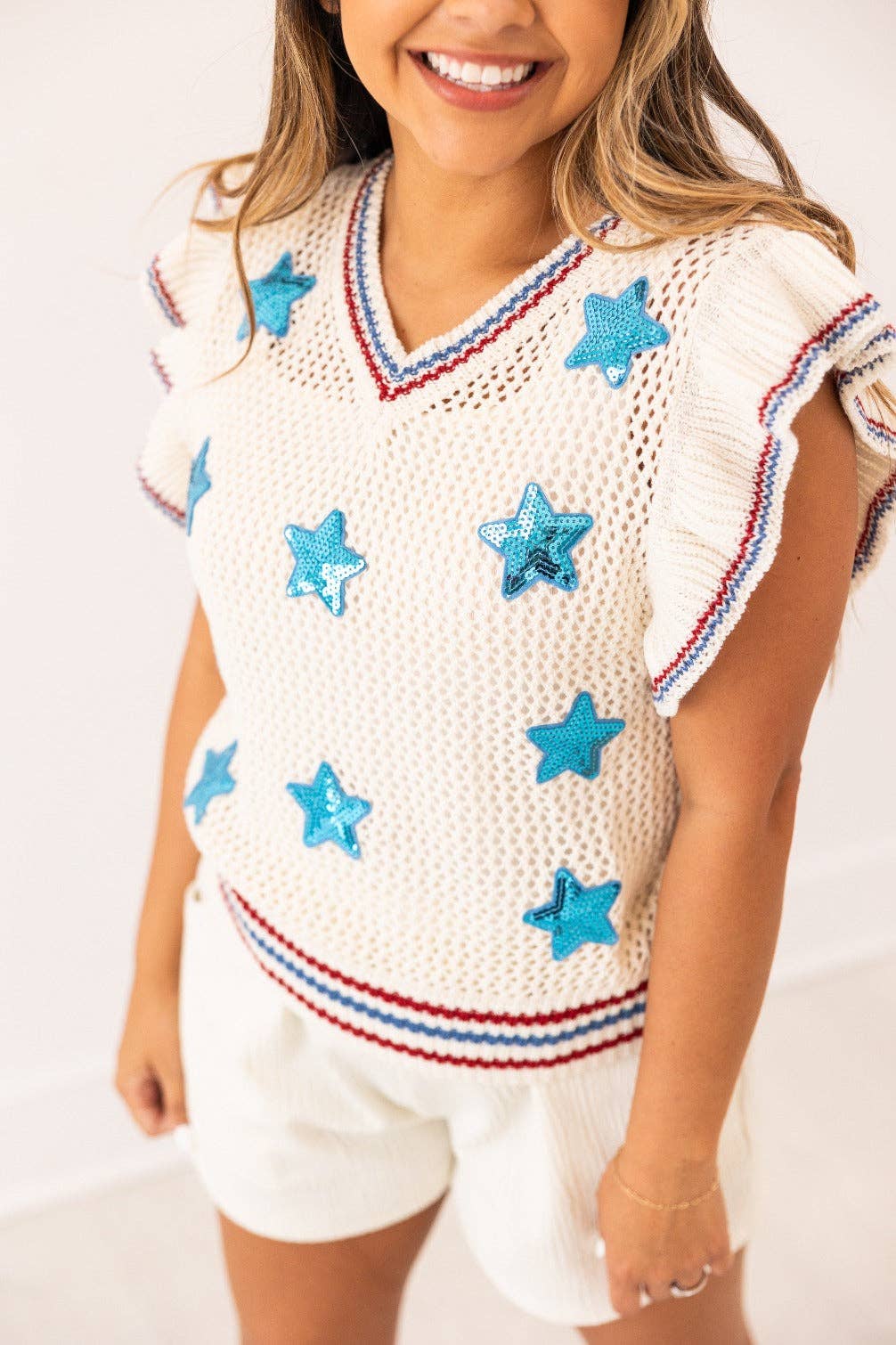 Beige Knit Vest With Sequin Stars Patches for wholesale on Faire6